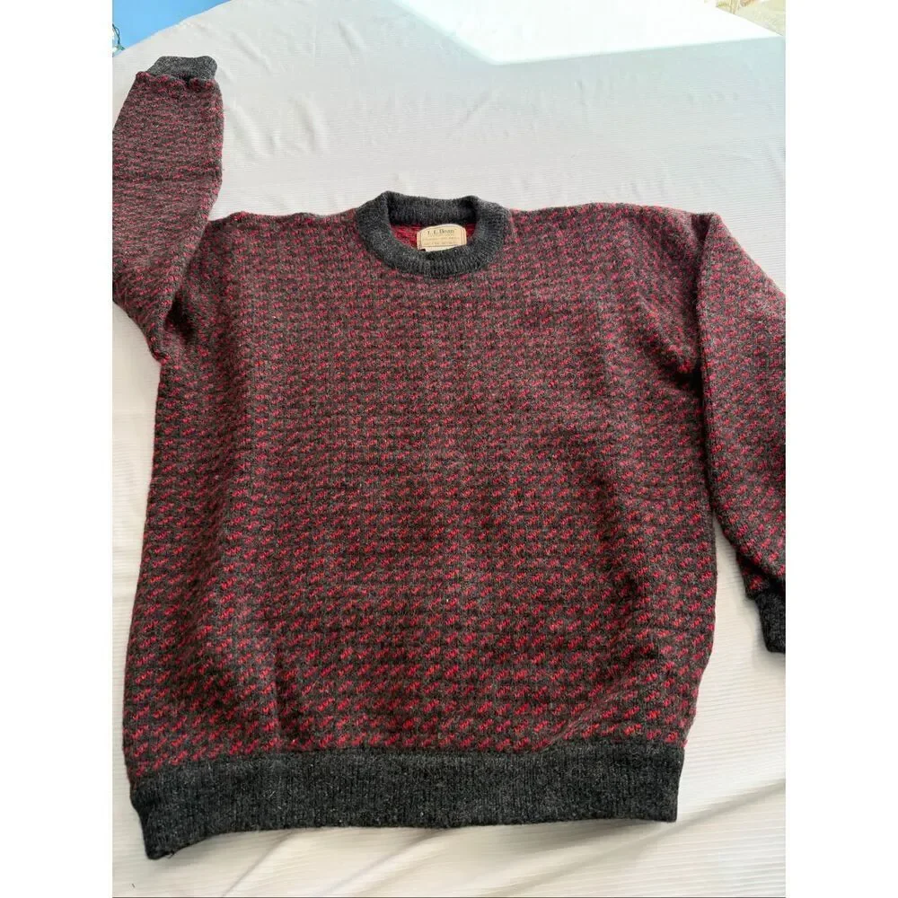 L.L. Bean VTG Wool Birdseye Heart Fisheye Norwegian Knit Sweater Size Tall Large